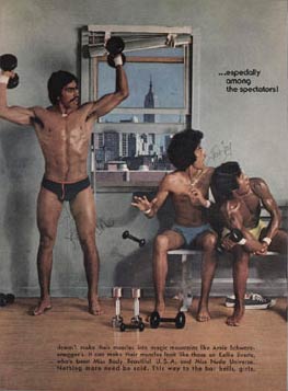 Pumping Iro... oops, HUMPING IRON! Kellie Everts in Playboy 1977. Bikini clad and nude Kellie lifting weights in Brooklyn apartment. Glistening body gawked at by he black and hispanic workout friends. Photos by Jean-Paul Goude