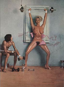 Pumping Iro... oops, HUMPING IRON! Kellie Everts in Playboy 1977. Bikini clad and nude Kellie lifting weights in Brooklyn apartment. Glistening body gawked at by he black and hispanic workout friends. Photos by Jean-Paul Goude