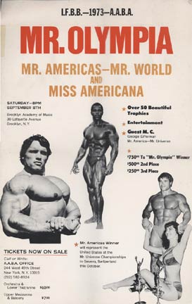 1973 Mr. Olympia, Mr. Americas, Mr. World & Miss Americana Poster. Featuring Arnold Schwarzenegger, Franco Columbo and Kellie