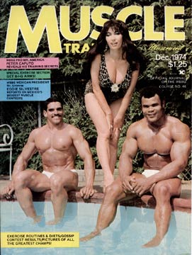 Cover of Muscle magazine. Photo of two dark, beefy bodybuilders with a DD posing Kellie in a leopard print leotard simsuit sitting by the side of bodybuilding mogul Dan Lurie's pool