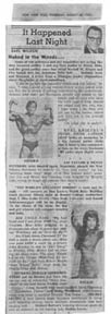 Bodybuilding press. Kellie iEverts appears with Arnold Schwarzenegger in newspaper column 