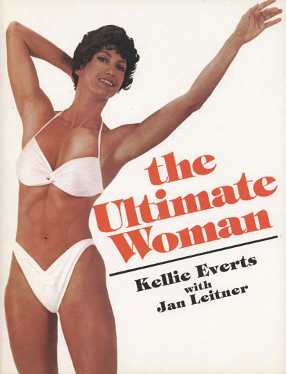 Super musclular, washboard ab female body builder. Kellie on the cover of her book 'The Ultimate Woman'. The first book on Female Bodybuilding ever published.