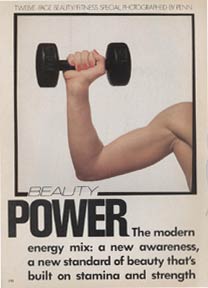 Hot female bicep curl with barbell. Kellie Everts' arm in Vogue May 1981. The only female they could find with muscles. Photo by Irving Penn